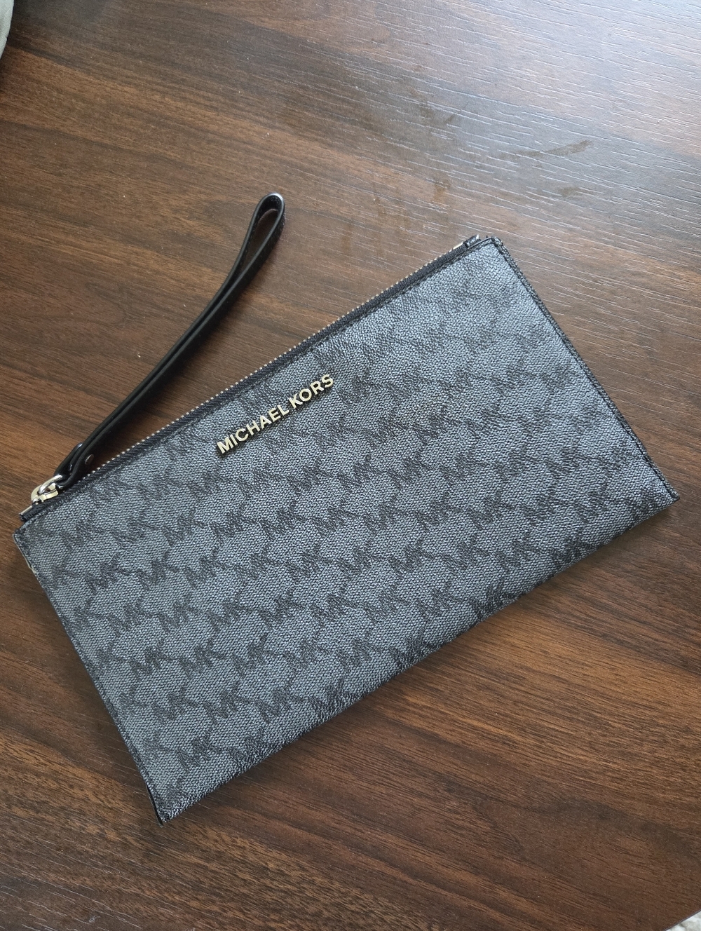 Michael Kors Large Jet Set Black and Gray Signature Wristlet Coated Canvas